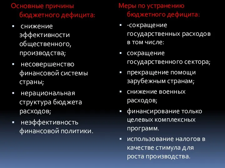 Основные причины бюджетного дефицита: снижение эффективности общественного, производства; несовершенство финансовой системы страны; нерациональная