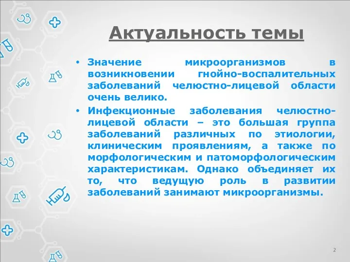 Актуальность темы Значение микроорганизмов в возникновении гнойно-воспалительных заболеваний челюстно-лицевой области