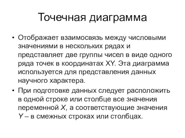 Точечная диаграмма Отображает взаимосвязь между числовыми значениями в нескольких рядах