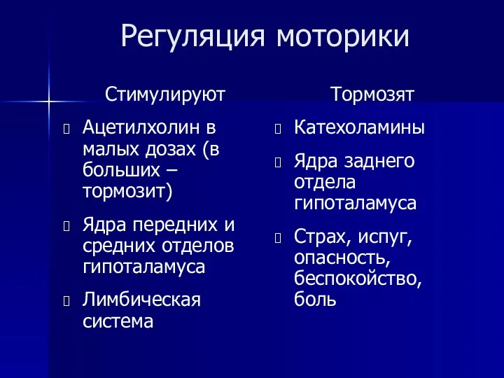 Регуляция моторики Стимулируют Ацетилхолин в малых дозах (в больших –