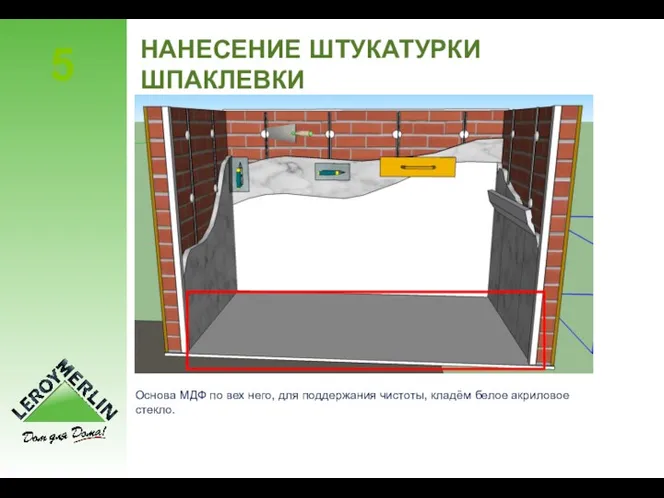 НАНЕСЕНИЕ ШТУКАТУРКИ ШПАКЛЕВКИ Основа МДФ по вех него, для поддержания чистоты, кладём белое акриловое стекло.