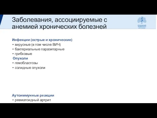 Заболевания, ассоциируемые с анемией хронических болезней Инфекции (острые и хронические)