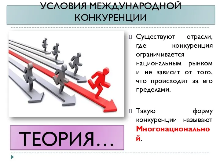 УСЛОВИЯ МЕЖДУНАРОДНОЙ КОНКУРЕНЦИИ Существуют отрасли, где конкуренция ограничивается национальным рынком