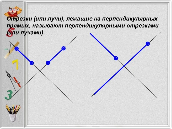 Отрезки (или лучи), лежащие на перпендикулярных прямых, называют перпендикулярными отрезками (или лучами).