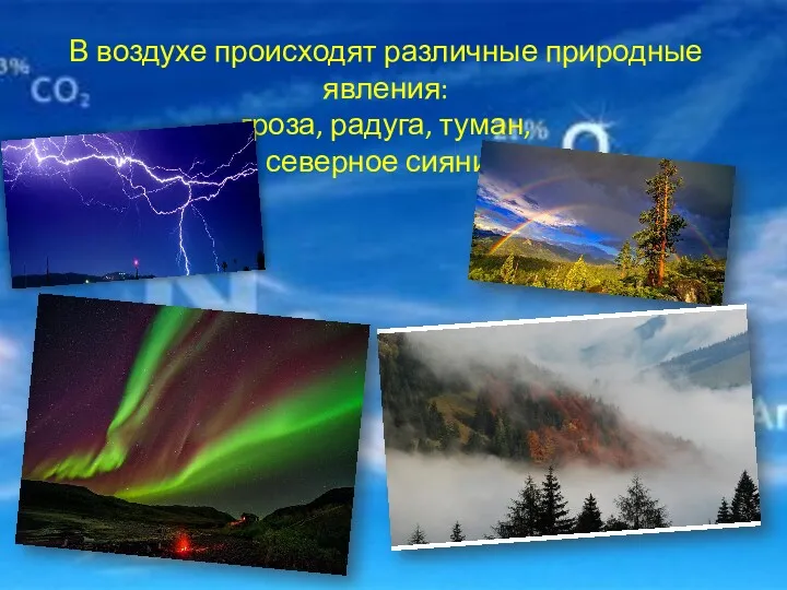 В воздухе происходят различные природные явления: гроза, радуга, туман, северное сияние