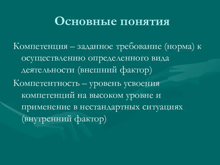 Основные понятия Компетенция – заданное требование (норма) к осуществлению определенного вида деятельности (внешний