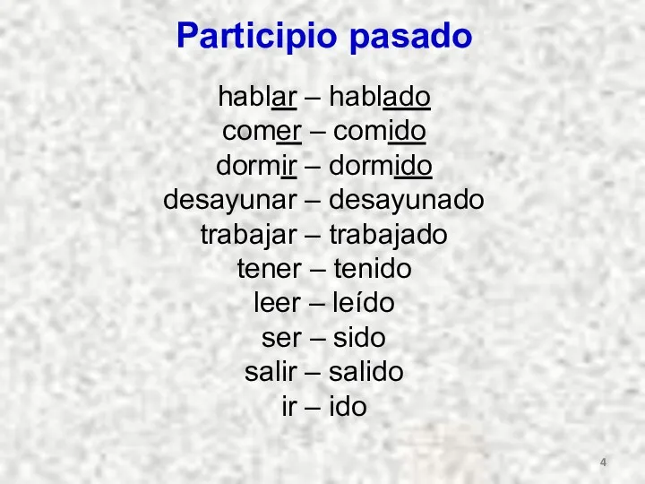 Participio pasado hablar – hablado comer – comido dormir –