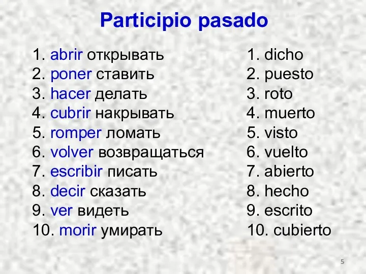 Participio pasado 1. abrir открывать 2. poner ставить 3. hacer