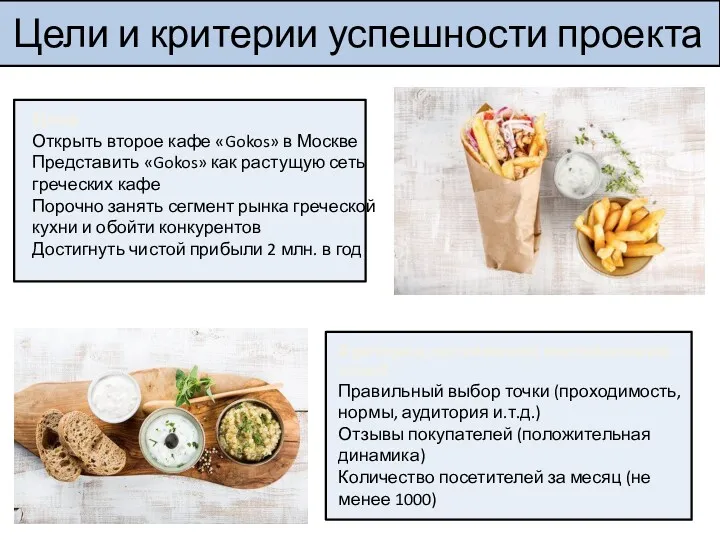 Цели и критерии успешности проекта Цель Открыть второе кафе «Gokos» в Москве Представить