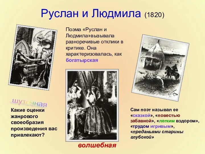Руслан и Людмила (1820) Поэма «Руслан и Людмила»вызывала разноречивые отклики в критике. Она