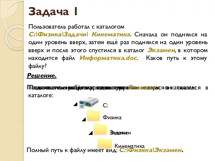 Пользователь работал с каталогом C:\Физика\Задачи\ Кинематика. Сначала он поднялся на