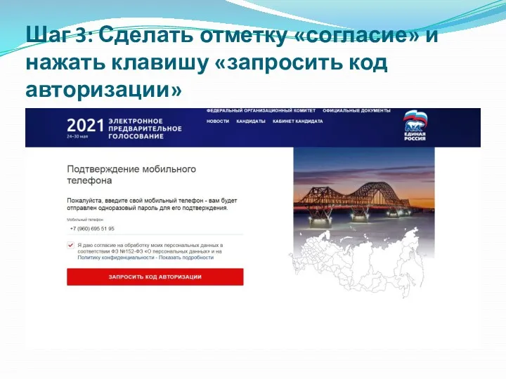 Шаг 3: Сделать отметку «согласие» и нажать клавишу «запросить код авторизации»