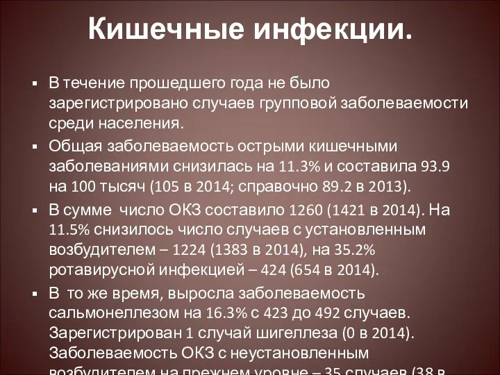 Кишечные инфекции. В течение прошедшего года не было зарегистрировано случаев