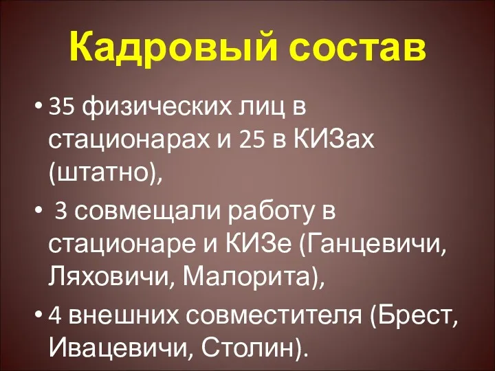 Кадровый состав 35 физических лиц в стационарах и 25 в