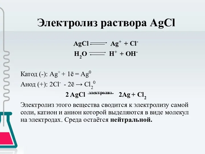Электролиз раствора AgCl AgCl Ag+ + Cl- H2O H+ +