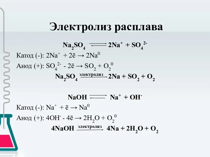 Электролиз расплава Na2SO4 2Na+ + SO42- Катод (-): 2Na+ +