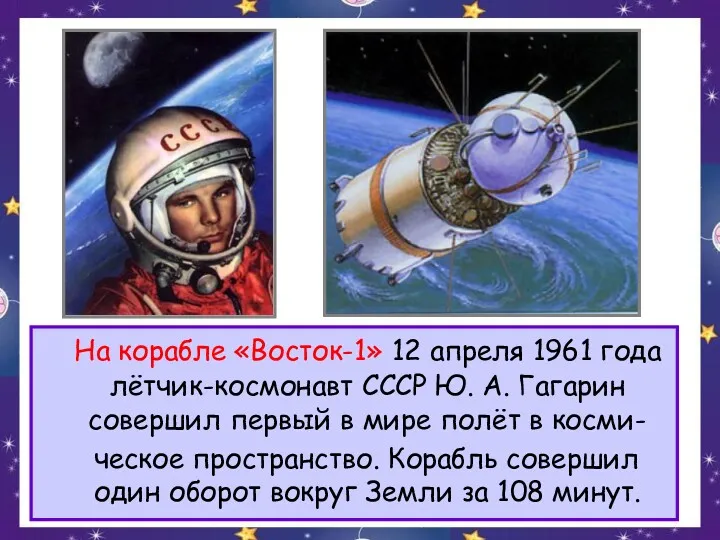 На корабле «Восток-1» 12 апреля 1961 года лётчик-космонавт СССР Ю. А. Гагарин совершил