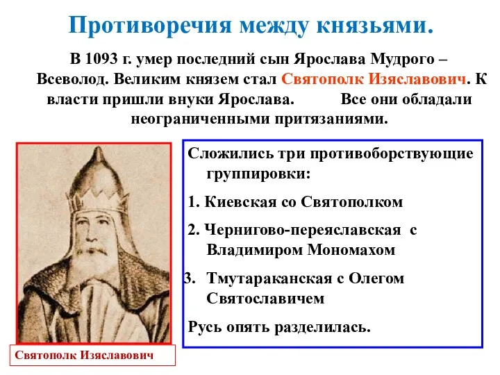 Противоречия между князьями. В 1093 г. умер последний сын Ярослава