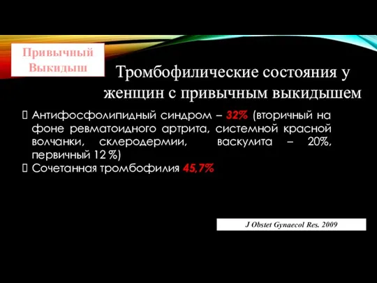 Тромбофилические состояния у женщин с привычным выкидышем Антифосфолипидный синдром –