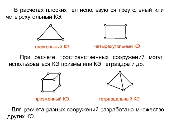 В расчетах плоских тел используются треугольный или четырехугольный КЭ: Для