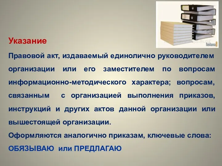 Указание Правовой акт, издаваемый единолично руководителем организации или его заместителем