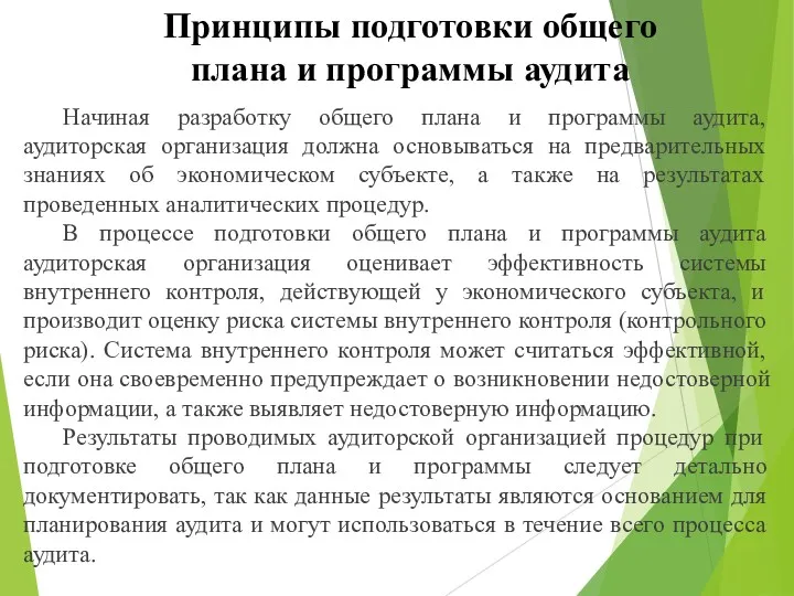 Принципы подготовки общего плана и программы аудита Начиная разработку общего