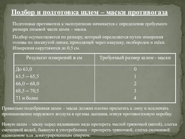 Подбор и подготовка шлем – маски противогаза Подготовка противогаза к