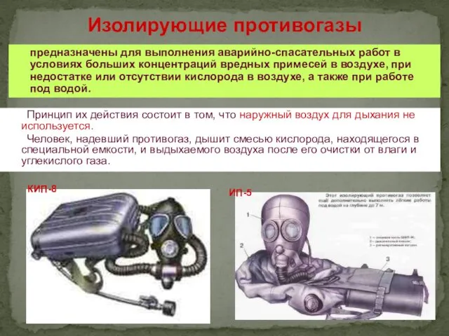 Изолирующие противогазы Принцип их действия состоит в том, что наружный