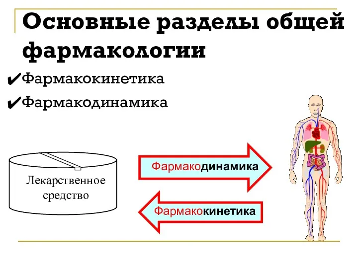 Основные разделы общей фармакологии Фармакокинетика Фармакодинамика Лекарственное средство Фармакодинамика Фармакокинетика