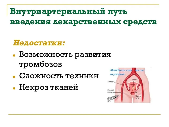 Внутриартериальный путь введения лекарственных средств Недостатки: Возможность развития тромбозов Сложность техники Некроз тканей