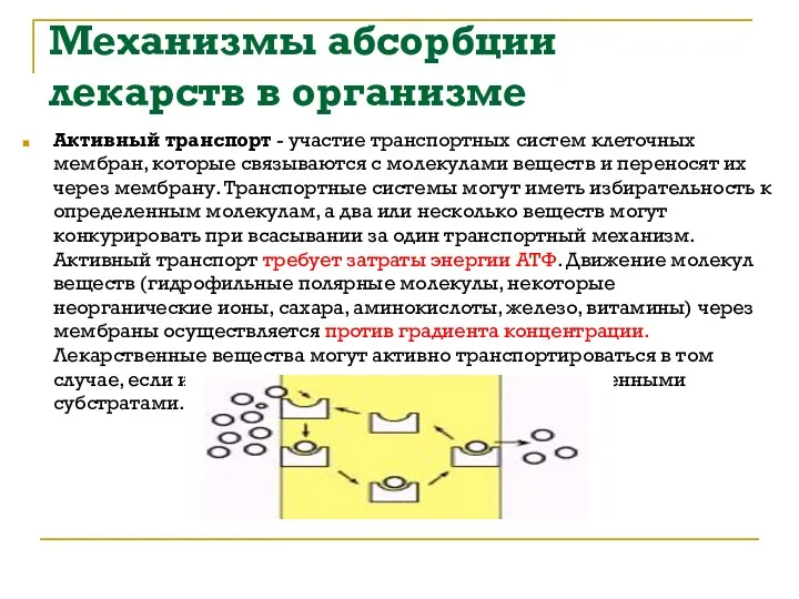 Механизмы абсорбции лекарств в организме Активный транспорт - участие транспортных