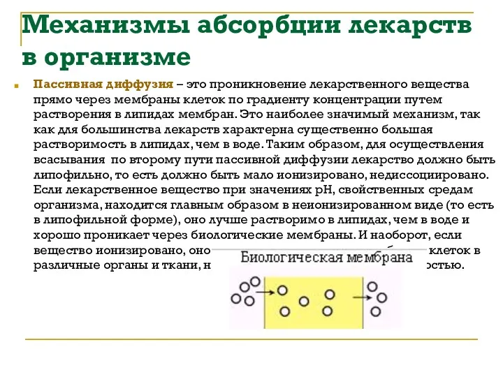 Механизмы абсорбции лекарств в организме Пассивная диффузия – это проникновение