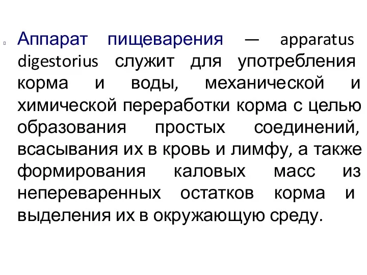 Аппарат пищеварения — apparatus digestorius служит для употребления корма и