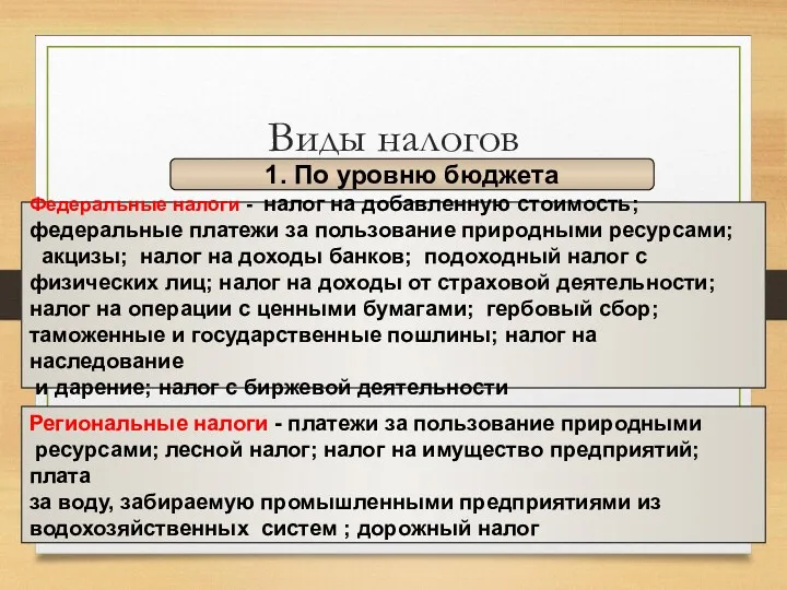 Виды налогов 1. По уровню бюджета Региональные налоги - платежи