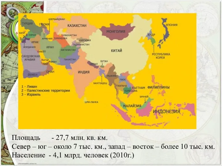 Площадь - 27,7 млн. кв. км. Север – юг –