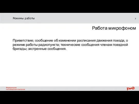 Режимы работы Работа микрофоном Приветствие; сообщение об изменении расписания движения