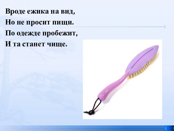 Вроде ежика на вид, Но не просит пищи. По одежде пробежит, И та станет чище.