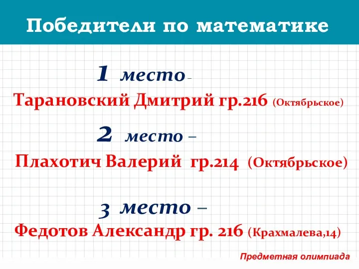 Победители по математике Предметная олимпиада 1 место – Тарановский Дмитрий