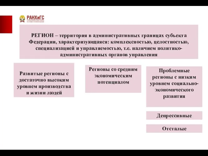 Отсталые РЕГИОН – территория в административных границах субъекта Федерации, характеризующаяся: