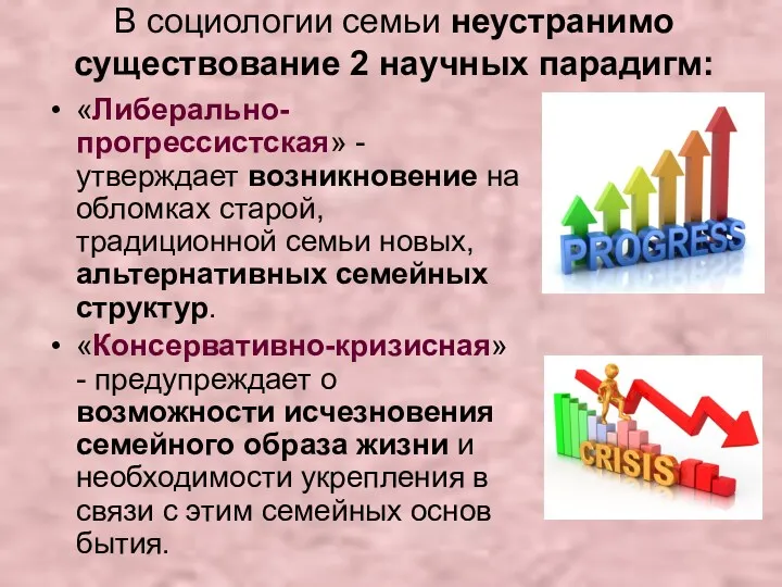 В социологии семьи неустранимо существование 2 научных парадигм: «Либерально-прогрессистская» -