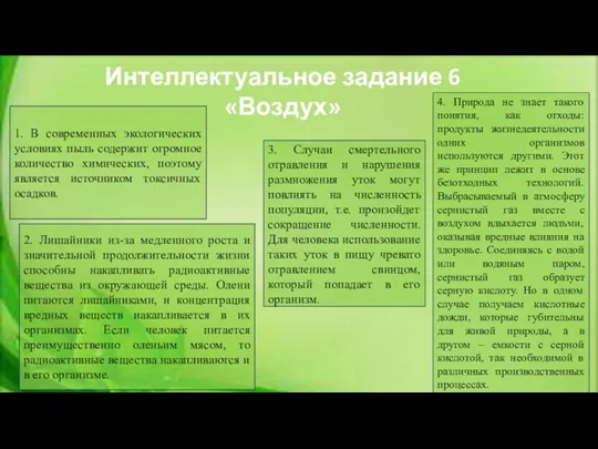 Интеллектуальное задание 6 «Воздух» 1. В современных экологических условиях пыль