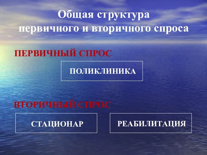 Общая структура первичного и вторичного спроса ПОЛИКЛИНИКА СТАЦИОНАР РЕАБИЛИТАЦИЯ ПЕРВИЧНЫЙ СПРОС ВТОРИЧНЫЙ СПРОС