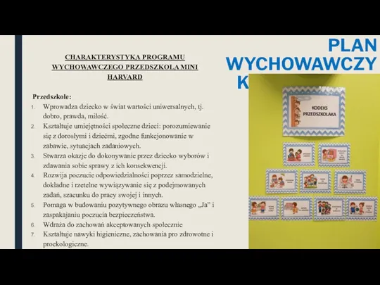 PLAN WYCHOWAWCZY KODEKS GRUPY CHARAKTERYSTYKA PROGRAMU WYCHOWAWCZEGO PRZEDSZKOLA MINI HARVARD Przedszkole: Wprowadza dziecko