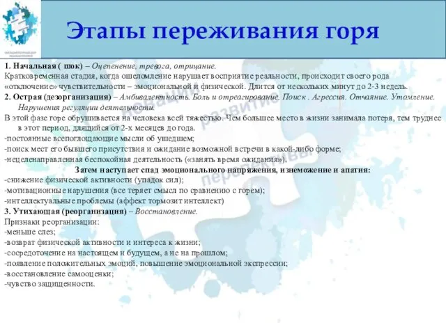 Этапы переживания горя 2. Острая (дезорганизация) – Амбивалентность. Боль и