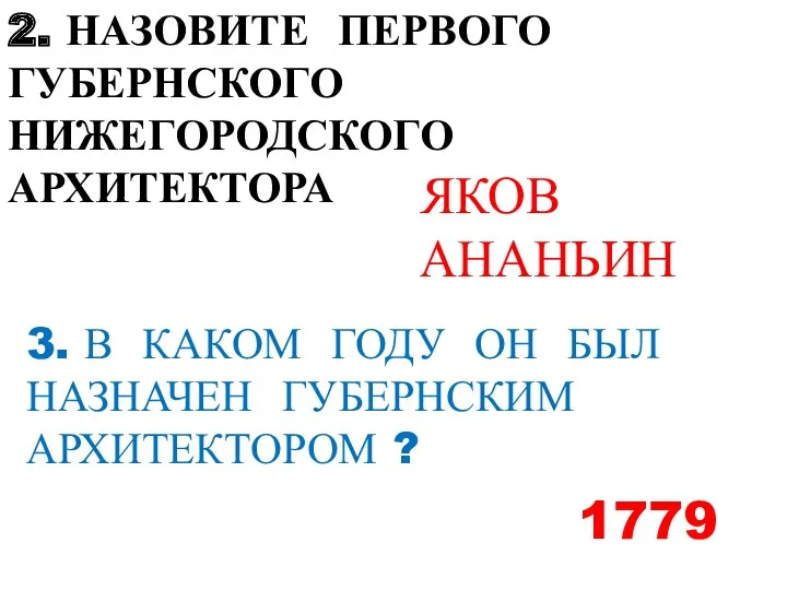 2. НАЗОВИТЕ ПЕРВОГО ГУБЕРНСКОГО НИЖЕГОРОДСКОГО АРХИТЕКТОРА ЯКОВ АНАНЬИН 3. В