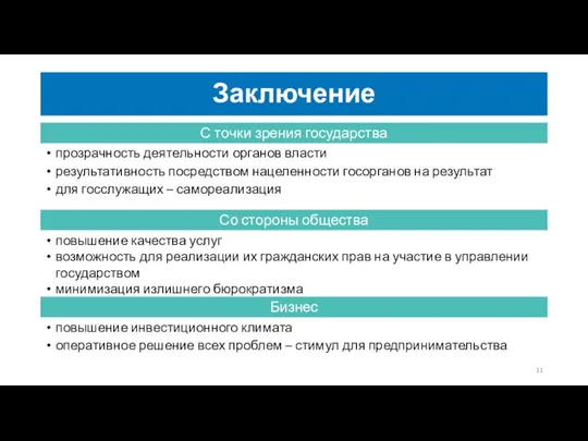 прозрачность деятельности органов власти результативность посредством нацеленности госорганов на результат для госслужащих –