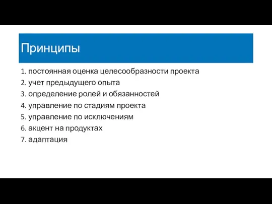 Принципы 1. постоянная оценка целесообразности проекта 2. учет предыдущего опыта 3. определение ролей