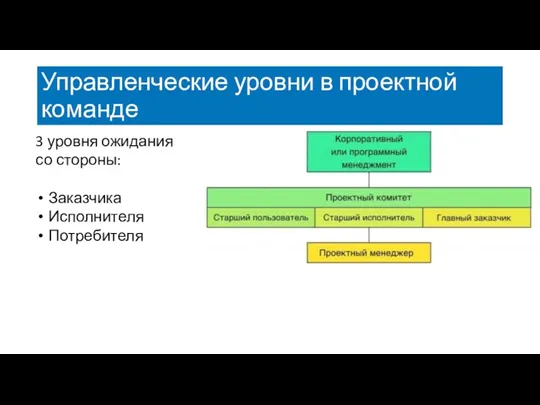 Управленческие уровни в проектной команде 3 уровня ожидания со стороны: Заказчика Исполнителя Потребителя