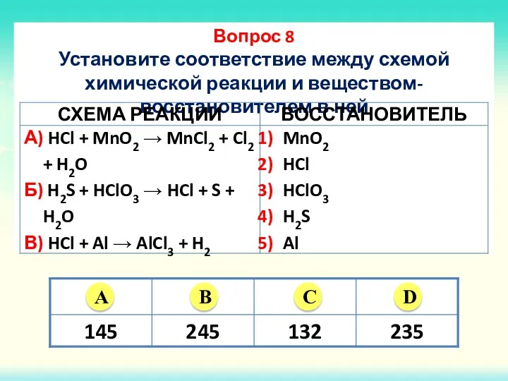 Вопрос 8 Установите соответствие между схемой химической реакции и веществом-восстановителем в ней