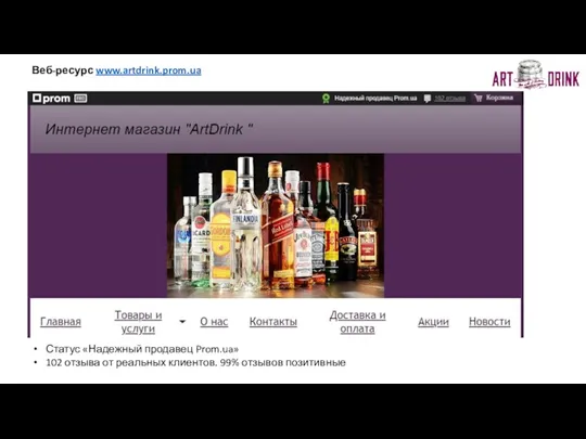 Веб-ресурс www.artdrink.prom.ua Статус «Надежный продавец Prom.ua» 102 отзыва от реальных клиентов. 99% отзывов позитивные